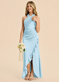 Azazie Thea Junior Sky Blue Sheath Ruched Stretch Satin Dress image4
