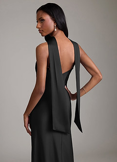 Azazie Cassiana Vestidos de damas de honor Vestido de Negro de Satén Elástico de Corte Sirena con Plisado image4