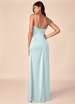 Azazie Aqua Bridesmaid Dresses Sea Glass A-Line V-Neck Pleated Stretch Satin Dress image2