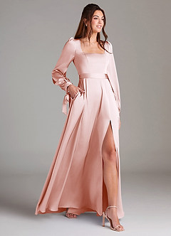 Azazie Leonia Bridesmaid Dresses Blushing Pink A-Line Long Sleeve Stretch Satin Dress image4