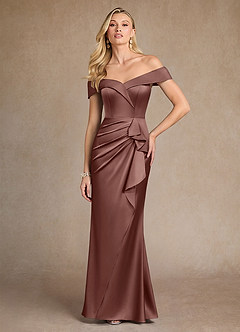 Azazie Laredo Mother of the Bride Dresses Espresso Mermaid Off the Shoulder Stretch Satin Dress image3