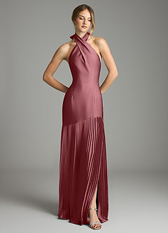 Azazie Nayeli Final Sale Desert Rose A-Line Pleated Stretch Satin Dress image3