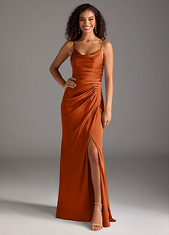 Azazie Deandra Bridesmaid Dresses Burnt Orange Mermaid Pleated Stretch Satin Dress image6