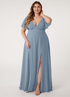 Azazie Kimber Bridesmaid Dresses Dusty Blue A-Line Flounce Sleeve Chiffon Dress image9