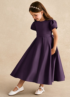 Azazie Princess vestidos de niña de las flores Vestido de Ciruela de Satin Mate de Corte En A con Plisado image1
