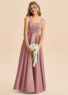 Azazie Gabby Junior Linia A Pofałdowany Satyna elastyczna Długość podłogi Młodsza druhna Sukienka image1