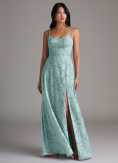 Azazie Moira Bridesmaid Dresses Mist A-Line Side Slit Floral Burnout Dress image4