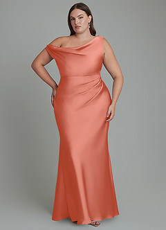 Azazie Emerson Bridesmaid Dresses Salmon Pink Mermaid Off the Shoulder Stretch Satin Dress image8
