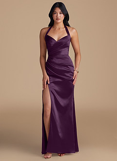 Azazie Emeria Robes de demoiselle d'honneur Robe Fourreau en Satiné métallisé Fente Latérale Prune image1