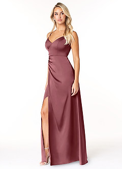 Azazie Marchella Robes de demoiselle d'honneur Robe Trapèze en Satin extensible Corset Rose Du Désert image4