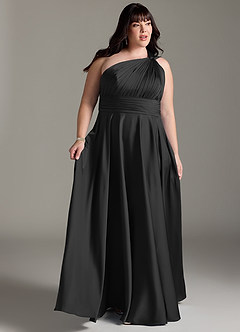 Azazie Charlize Bridesmaid Dresses Black A-Line One Shoulder Stretch Satin Dress image3