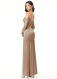 Azazie Hallie Bridesmaid Dresses Taupe Sheath Off-The-Shoulder Long Sleeve Stretch Satin Convertible Dress image6