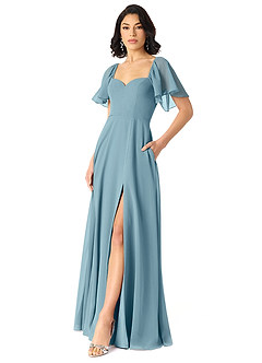 Azazie Chloe Vestidos de damas de honor Vestido de Azul Malhumorado de Gasa de Corte en A con Escote de Corazón image5