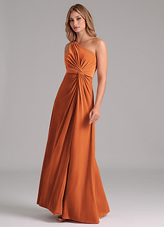 Azazie Brooke Vestidos de damas de honor Vestido de Naranja Quemada de terciopelo de Corte en A con Hombro unilateral image5