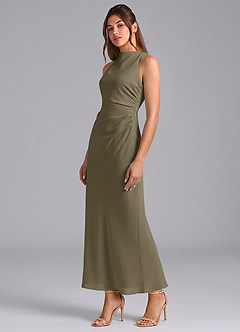 Azazie Evadne Bridesmaid Dresses Willow Green Sheath Pleated Chiffon Dress image1