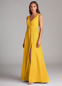 Azazie Tanicia Bridesmaid Dresses Marigold A-Line Pleated Chiffon Dress image2
