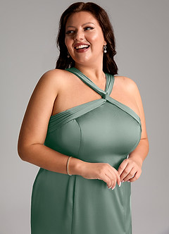 Azazie Rue Bridesmaid Dresses Silver Sage Mermaid Pleated Stretch Satin Dress image13