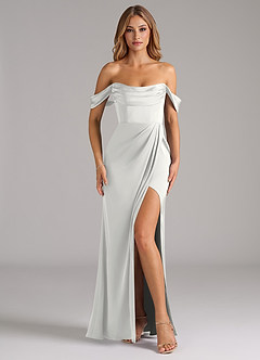 Azazie Johana Robes de demoiselle d'honneur Robe Sirène Convertible en Satin extensible Épaule décolletée Blanc image3