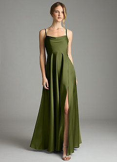 Azazie Elle Bridesmaid Dresses Olive A-Line Pleated Stretch Satin Dress image1