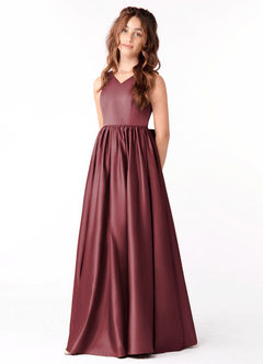 Azazie Hathaway Junior Merlot A-Line Bow Stretch Satin Dress image3