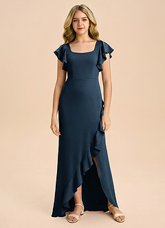 Azazie Demi Junior Dark Navy Mermaid Bow Stretch Satin Dress image6