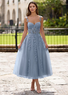 Zosia Dusty Blue Lace A-line Lace Up Back Midi Dress image5