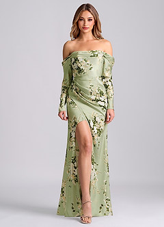 Azazie Hallie Jurken voor bruidsmeisjes Converteerbaar Jurk van Stretch Satijn met Zeemeermin Off-the-shoulder lange mouw Bloemenranken image1