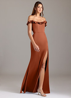 Azazie Callie Bridesmaid Dresses Cedar Rose A-Line Ruched Stretch Satin Convertible Dress image6