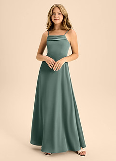 Azazie Anselie Junior Sea Moss A-Line Off the Shoulder Stretch Satin Dress image3