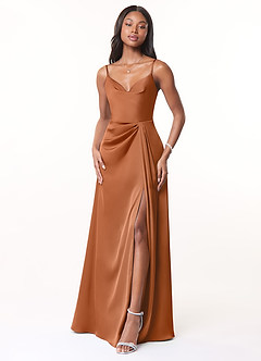 Azazie Brielle Bridesmaid Dresses Copper A-Line Cowl Spaghetti Straps Stretch Satin Dress image1