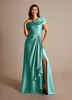 Azazie Branford Mother of the Bride Dresses Aqua A-Line Pleated Stretch Satin Dress image6