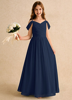 Azazie Chelo Girls Formal vestidos de niña de las flores Vestido de Azul Marino Oscuro de Gasa de Corte en A con Plisado image1