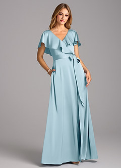 Azazie Lainey Bridesmaid Dresses Sky Blue A-Line with Pockets Stretch Satin Dress image1