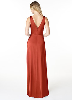 Azazie Nelly Bridesmaid Dresses Rust A-Line V-Neck Pleated Stretch Satin Dress image2