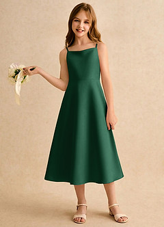 Azazie Jaella Girls Formal Flower Girl Dresses Dark Green A-Line Pleated Matte Satin Dress image2