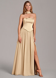 Azazie Cadence Bridesmaid Dresses Champagne A-Line Corset Stretch Satin Convertible Dress image1