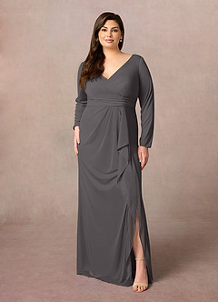 Azazie Risa Final Sale Steel Grey Mermaid V-Neck Pleated Mesh Dress image6