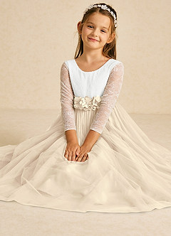 Azazie Mae Flower Girl Dresses Ivory Champagne A-Line Bow Tulle Dress image1