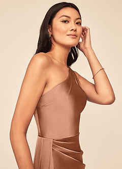 Azazie Maron Bridesmaid Dresses Bronzer A-Line One Shoulder Stretch Satin Dress image6