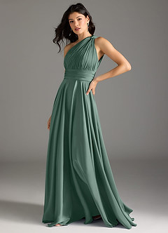 Azazie Charlize Bridesmaid Dresses Eucalyptus A-Line One Shoulder Stretch Satin Dress image4