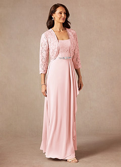 Azazie Ainsling Mother of the Bride Dresses Blushing Pink A-Line Square Neckline Lace Chiffon Dress image6