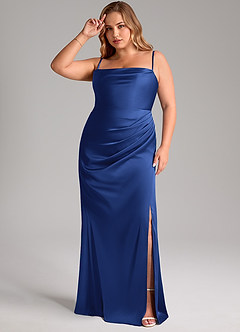 Azazie Leonis Robes de demoiselle d'honneur Robe Sirène Convertible en Satin extensible Plissée Bleu Roi image13
