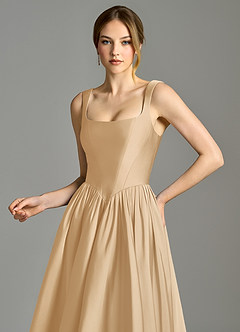 Azazie Verina Bridesmaid Dresses Gold A-Line Pleated Stretch Satin Dress image2