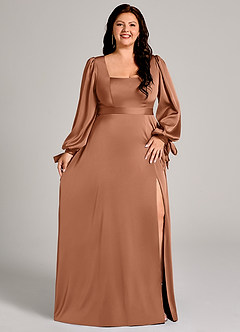 Azazie Leonia Vestidos de damas de honor Vestido de Bronceador de Satén Elástico de Corte en A con Manga larga image11