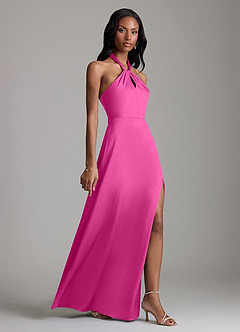 Azazie Tracie Bridesmaid Dresses Fuchsia A-Line Side Slit Stretch Satin Dress image3