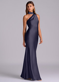 Azazie Seona Robes de demoiselle d'honneur Robe Sirène en Satin extensible Une épaule Bleu Orageux image5