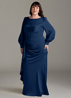 Azazie Raye Bridesmaid Dresses Dark Navy Mermaid Long Sleeve Stretch Satin Dress image10