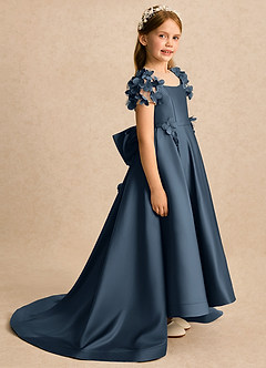 Azazie Charity vestidos de niña de las flores Vestido Neptuno de Satin Mate de Línea A con con mangas image1