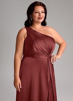 Azazie Brooke Robes de demoiselle d'honneur Robe Trapèze en Satin extensible Asymétrique Terracotta image14