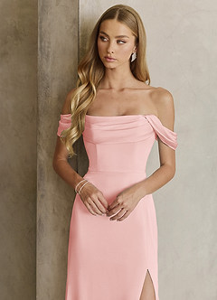 Azazie Saige Bridesmaid Dresses Powder Pink Sheath Off the Shoulder Stretch Satin Dress image2